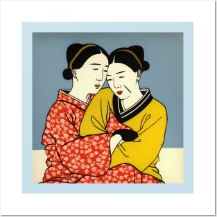 Two Asian Geisha Girls Illustration Posters and Art